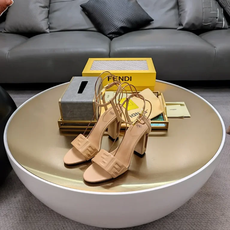 Fendi Women Delfina Beige FF Nappa Leather High-heeled Sandals