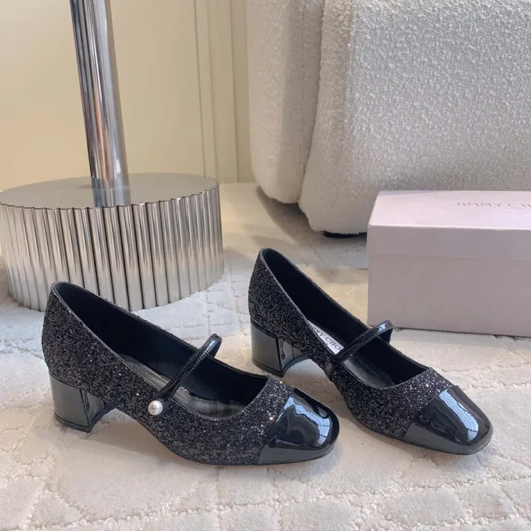 Jimmy Choo Women Elisa 45 Black Leather Glitter Pumps