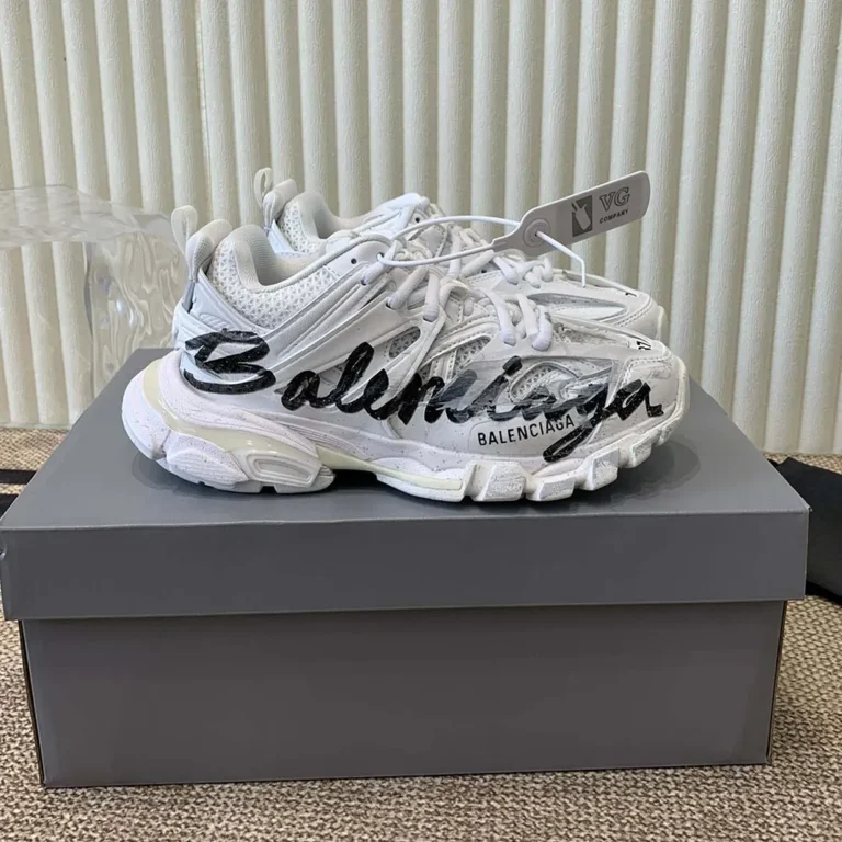 Balenciaga Unisex Track Signature Sneaker in White and Black