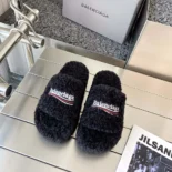Balenciaga Women Furry Platform Sandal in Black Fake Shearling