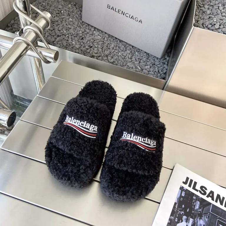 Balenciaga Women Furry Platform Sandal in Black Fake Shearling