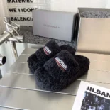 Balenciaga Women Furry Platform Sandal in Black Fake Shearling