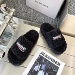 Balenciaga Women Furry Platform Sandal in Black Fake Shearling