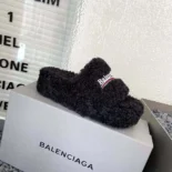 Balenciaga Women Furry Platform Sandal in Black Fake Shearling