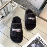 Balenciaga Women Furry Platform Sandal in Black Fake Shearling