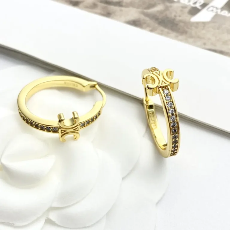Celine Women Triomphe Sparkle Hoops in Strass and Brass with Gold Finish