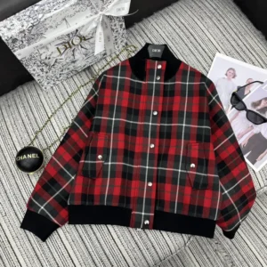 Dior Men Cannage Bomber Jacket with Vest Red, Gray and Black Check'n'Dior Virgin Wool