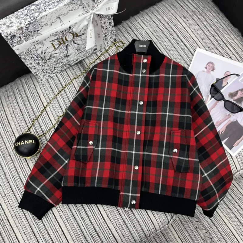 Dior Men Cannage Bomber Jacket with Vest Red, Gray and Black Check'n'Dior Virgin Wool