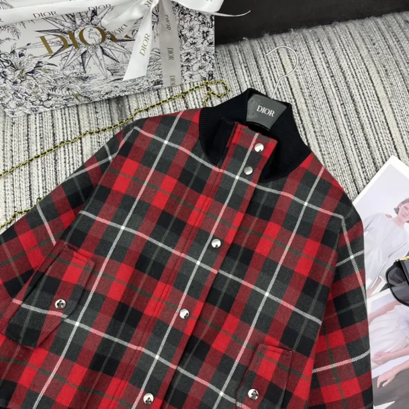 Dior Men Cannage Bomber Jacket with Vest Red, Gray and Black Check'n'Dior Virgin Wool