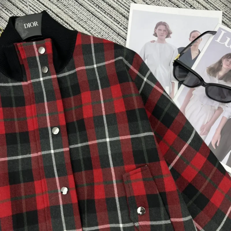 Dior Men Cannage Bomber Jacket with Vest Red, Gray and Black Check'n'Dior Virgin Wool