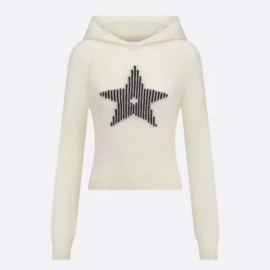 Dior Men DiorAlps Hooded Sweater White Wool and Cashmere Knit with Navy Blue Dior Star Motif