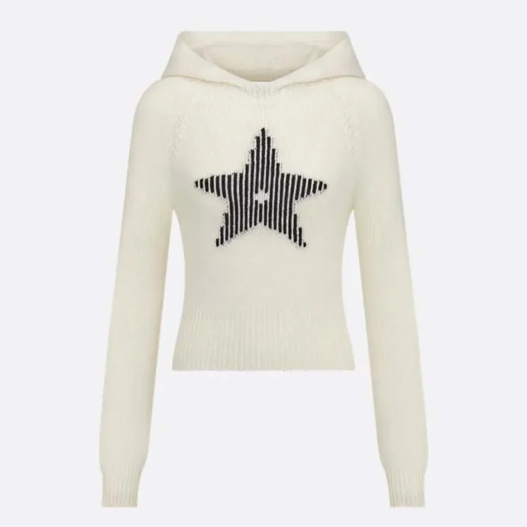Dior Men DiorAlps Hooded Sweater White Wool and Cashmere Knit with Navy Blue Dior Star Motif