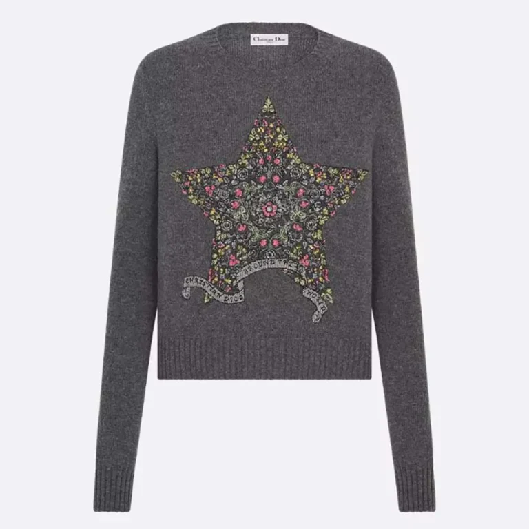 Dior Women Embroidered Sweater Gray Cashmere Knit 514S57A002