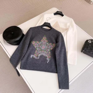 Dior Women Embroidered Sweater Gray Cashmere Knit 514S57A002