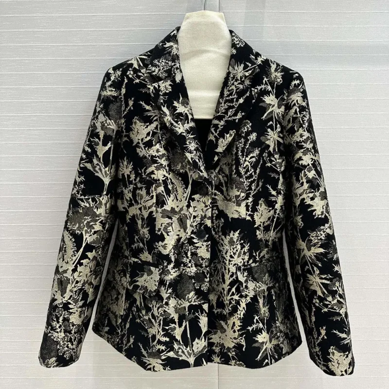 Dior Women Fitted Jacket Black Technical Fabric with Gold-Tone Dior Chardons Motif in Metallic Thread
