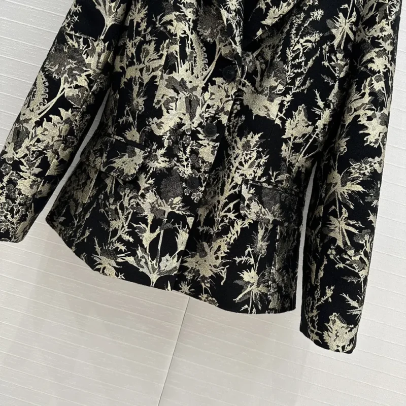 Dior Women Fitted Jacket Black Technical Fabric with Gold-Tone Dior Chardons Motif in Metallic Thread