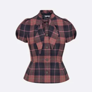 Dior Women Fitted Short-Sleeved Jacket Pink, Gray and White Check'n'Dior Virgin Wool