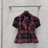 Dior Women Fitted Short-Sleeved Jacket Pink Gray and White Check'n'Dior Virgin Wool