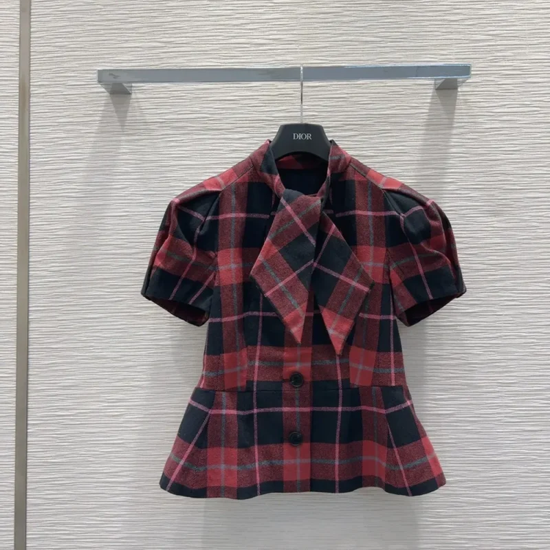 Dior Women Fitted Short-Sleeved Jacket Pink Gray and White Check'n'Dior Virgin Wool