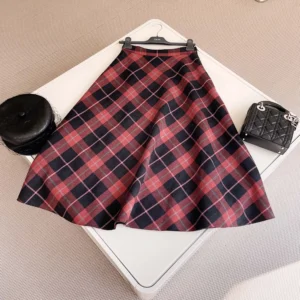 Dior Women Flared Mid-Length Skirt Pink Gray and White Check'n'Dior Virgin Wool