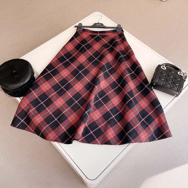 Dior Women Flared Mid-Length Skirt Pink Gray and White Check'n'Dior Virgin Wool