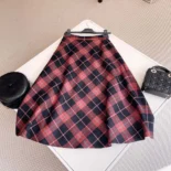 Dior Women Flared Mid-Length Skirt Pink Gray and White Check'n'Dior Virgin Wool