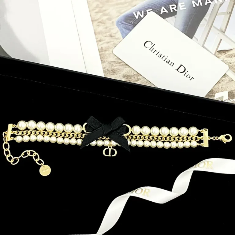 Dior Women Le Nœud de Dior Bracelet Gold-Finish Metal with White Resin Pearls and Black Satin