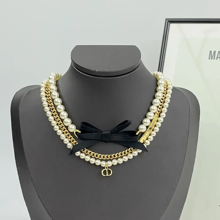 Dior Women Le Nœud de Dior Choker Gold-Finish Metal with White Resin Pearls and Black Satin