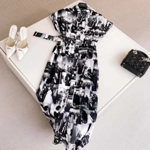 Dior Women Mid-Length Shirtdress Black and White Cotton and Silk Poplin