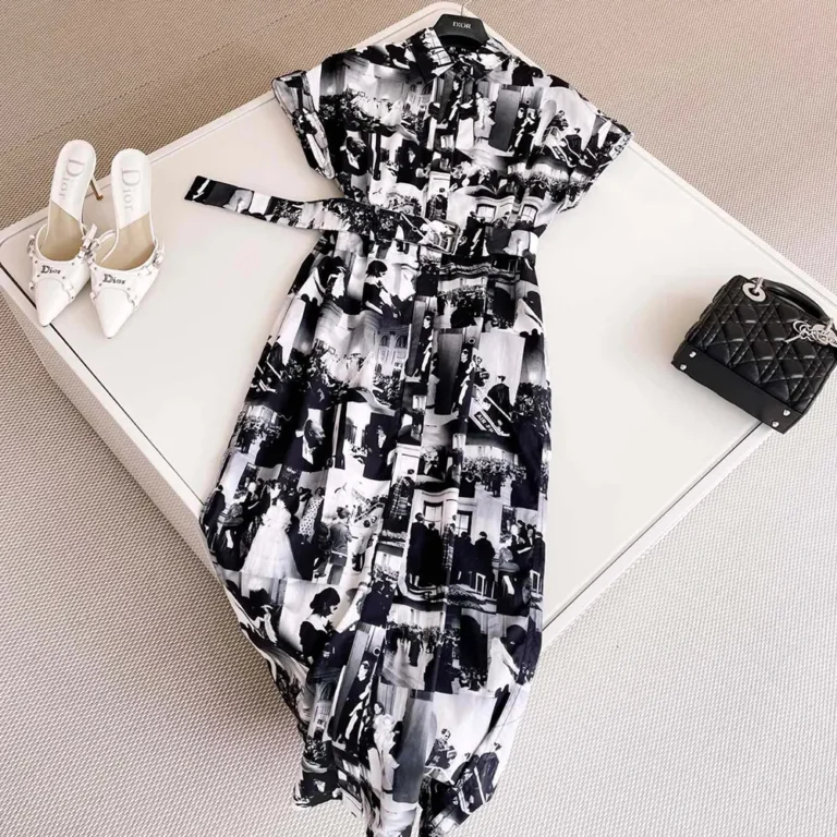 Dior Women Mid-Length Shirtdress Black and White Cotton and Silk Poplin