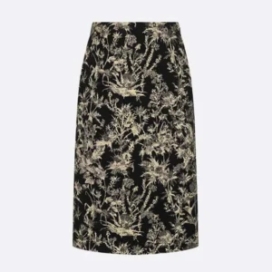 Dior Women Mid-Length Straight Skirt Black Technical Fabric with Gold-Tone Dior Chardons Motif