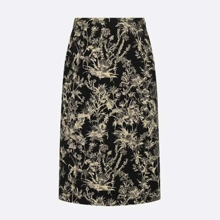 Dior Women Mid-Length Straight Skirt Black Technical Fabric with Gold-Tone Dior Chardons Motif