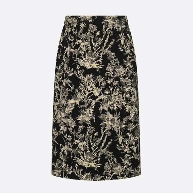 Dior Women Mid-Length Straight Skirt Black Technical Fabric with Gold-Tone Dior Chardons Motif
