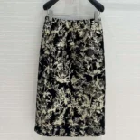 Dior Women Mid-Length Straight Skirt Black Technical Fabric with Gold-Tone Dior Chardons Motif