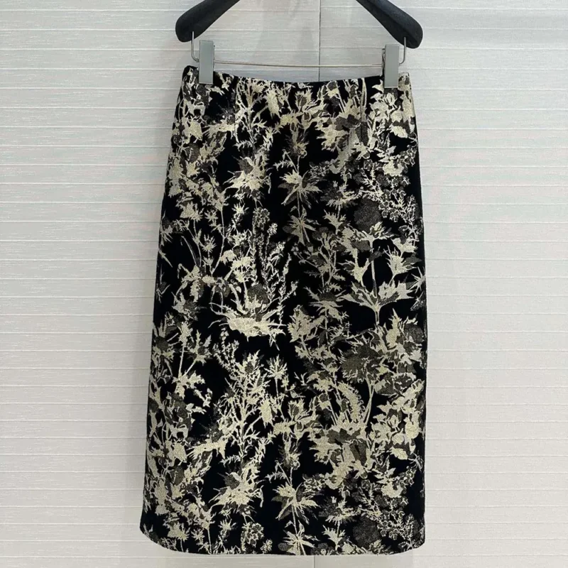 Dior Women Mid-Length Straight Skirt Black Technical Fabric with Gold-Tone Dior Chardons Motif