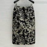 Dior Women Mid-Length Straight Skirt Black Technical Fabric with Gold-Tone Dior Chardons Motif