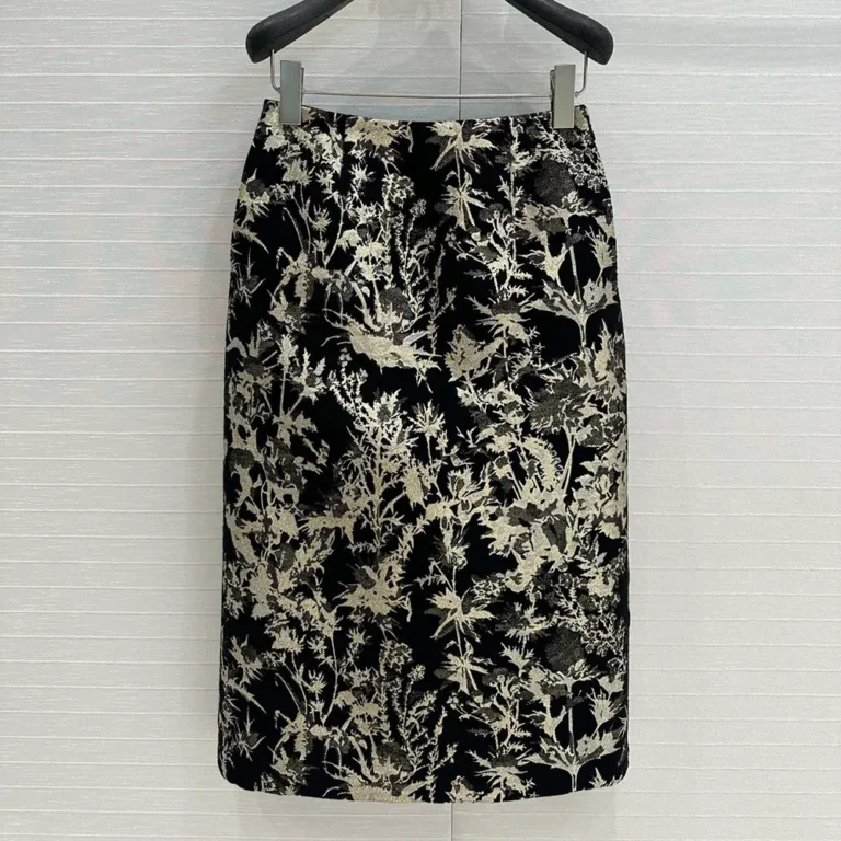 Dior Women Mid-Length Straight Skirt Black Technical Fabric with Gold-Tone Dior Chardons Motif