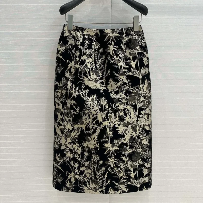 Dior Women Mid-Length Straight Skirt Black Technical Fabric with Gold-Tone Dior Chardons Motif