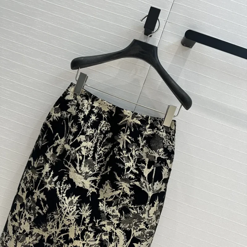 Dior Women Mid-Length Straight Skirt Black Technical Fabric with Gold-Tone Dior Chardons Motif