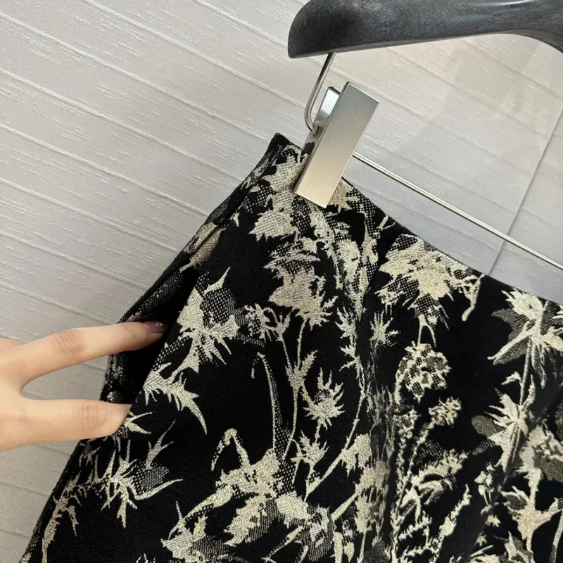 Dior Women Mid-Length Straight Skirt Black Technical Fabric with Gold-Tone Dior Chardons Motif
