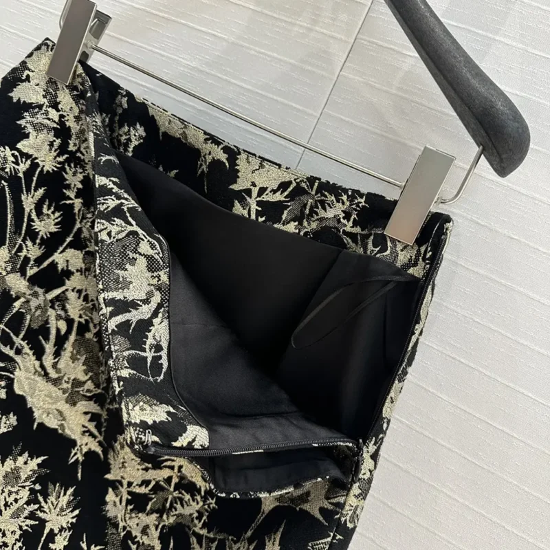 Dior Women Mid-Length Straight Skirt Black Technical Fabric with Gold-Tone Dior Chardons Motif