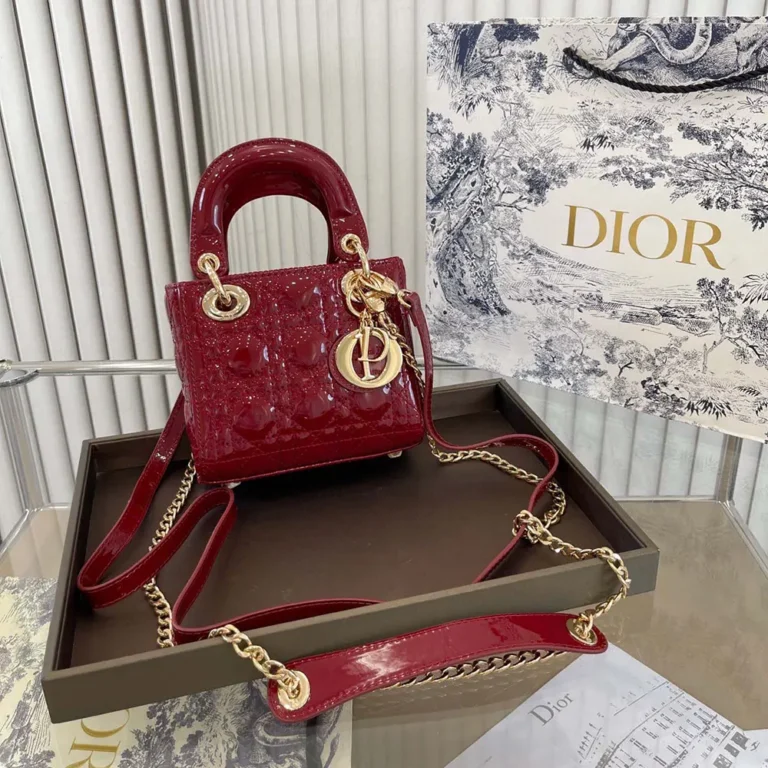 Dior Women Mini Lady Dior Bag Cherry Red Patent Cannage Calfskin
