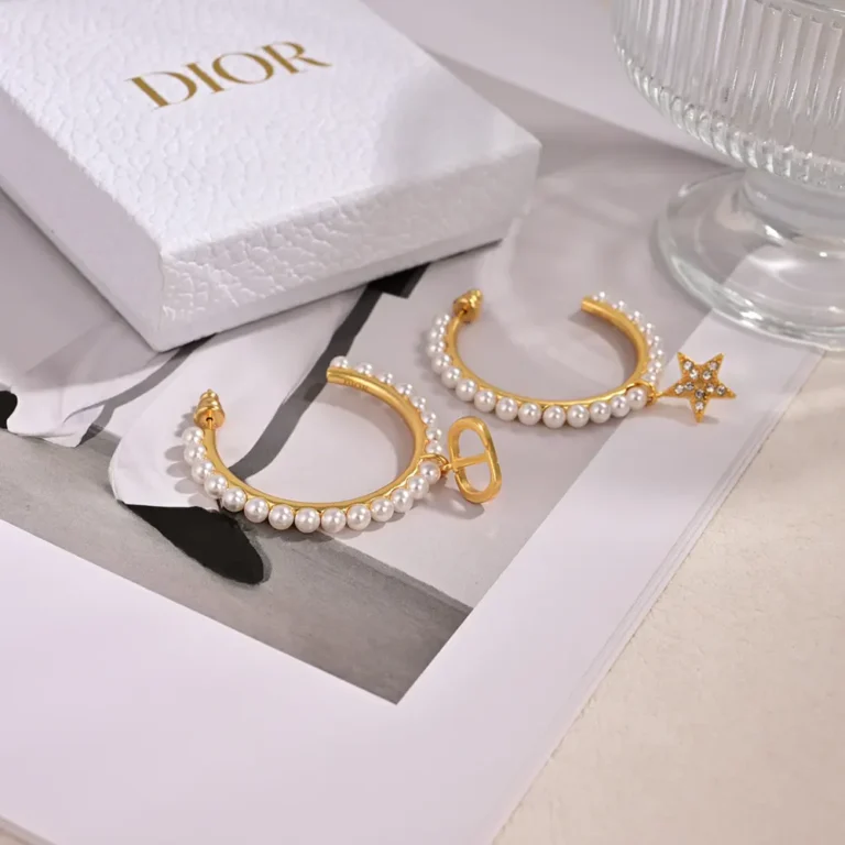 Dior Women Petit CD Earrings Gold-Finish Metal with White Resin Pearls