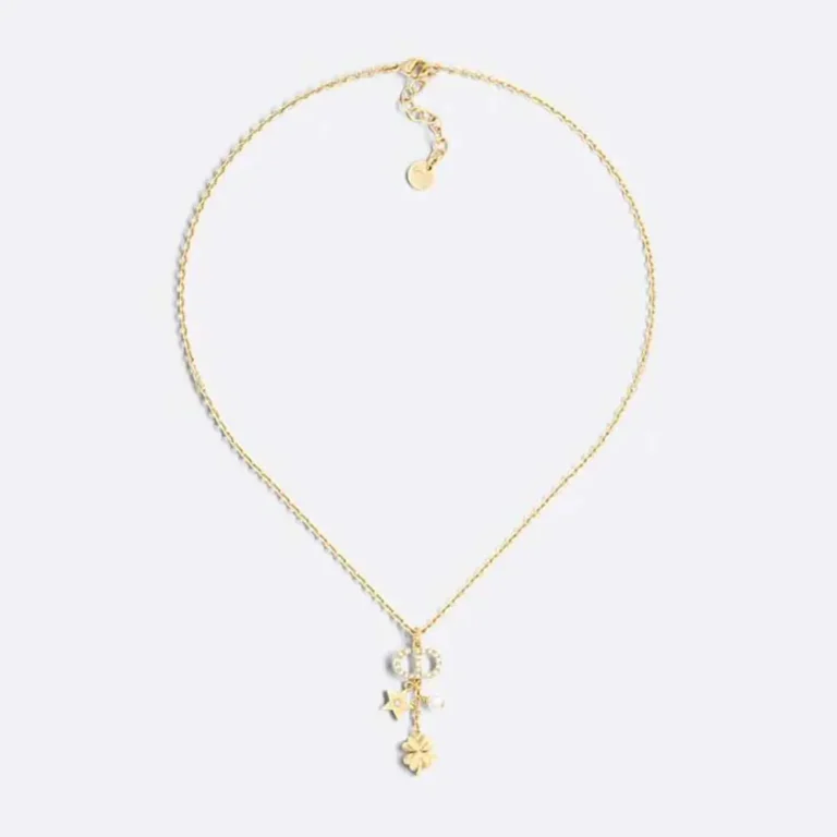 Dior Women Petit CD Lucky Charms Necklace Gold-Finish Metal with a White Resin Pearl and Silver-Tone Crystals