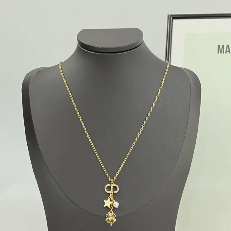 Dior Women Petit CD Lucky Charms Necklace Gold-Finish Metal with a White Resin Pearl and Silver-Tone Crystals