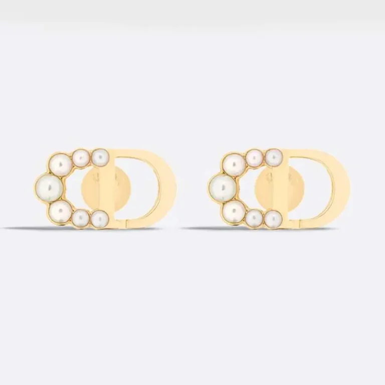 Dior Women Petit CD Mini Stud Earrings Gold-Finish Metal and White Resin Pearls