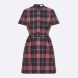 Dior Women Short Belted Dress Pink Gray and White Check'n'Dior Virgin Wool