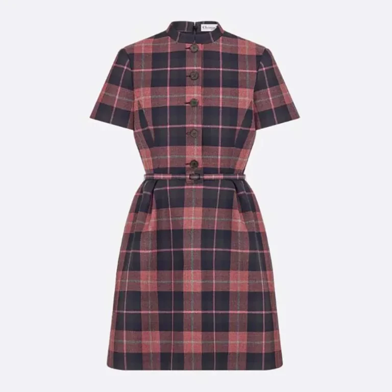 Dior Women Short Belted Dress Pink Gray and White Check'n'Dior Virgin Wool