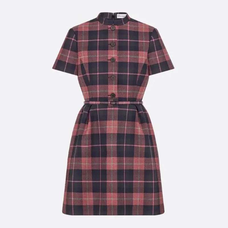 Dior Women Short Belted Dress Pink Gray and White Check'n'Dior Virgin Wool