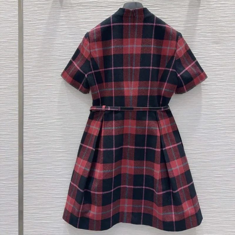 Dior Women Short Belted Dress Pink Gray and White Check'n'Dior Virgin Wool
